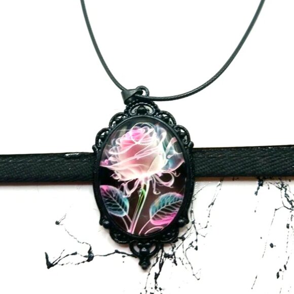 Gothic Cameo Choker Pink Rose Necklace with Chain New - Picture 7 of 10